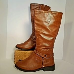 Wanted Lismore Tan Tall Boots With Strap & Stud Detail Inside Zip
